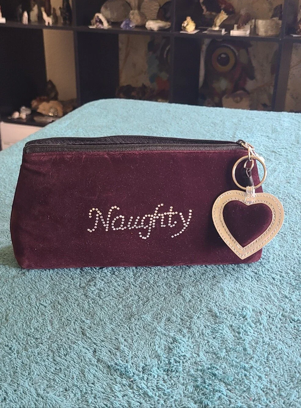 Velvet 'Naughty' Wristlet Cosmetic Pouch with Heart Charm - Burgundy